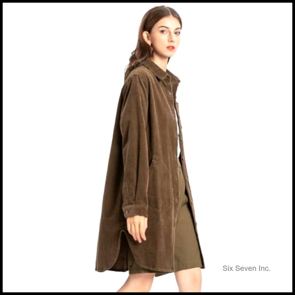Corduroy Shacket Button Down Blouse Long Sleeve Oversized Chic Fall Tunic - Picture 3 of 7